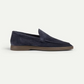 Elegant Dark blue suede Yatch loafer with a minimalist design and a comfortable white sole.