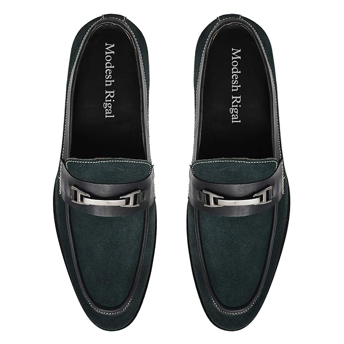 Men's Green Suede Loafers with Black Leather Strap and Metallic Buckle For Men