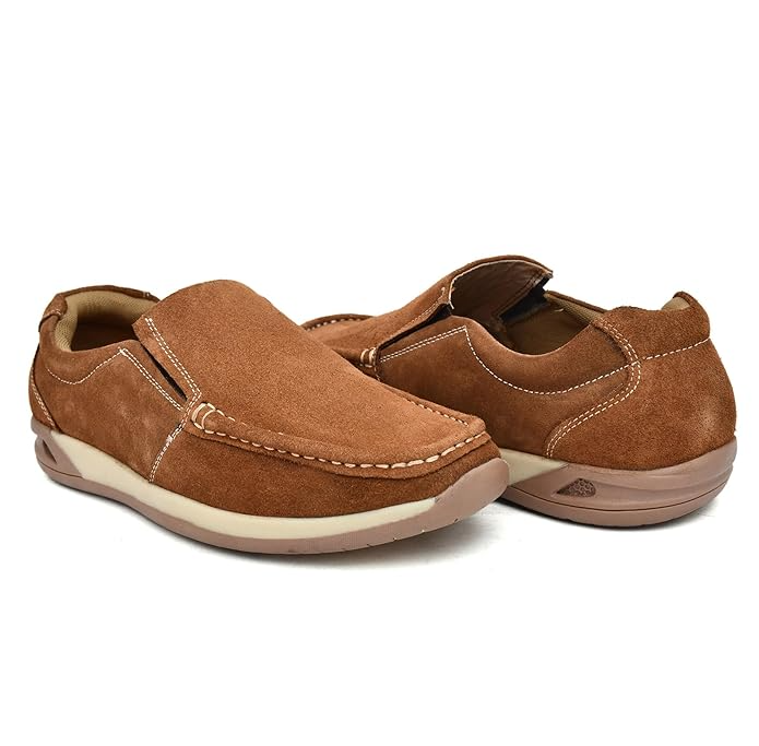 Men's Tan Suede Loafers with Contrast Stitching  Casual Slip-On Shoes For Men