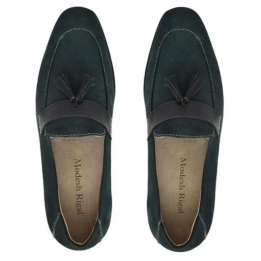 Men's Dark Green Suede Loafers with Leather Tassel Detailing Elegant Slip-Ons Mens Loafers