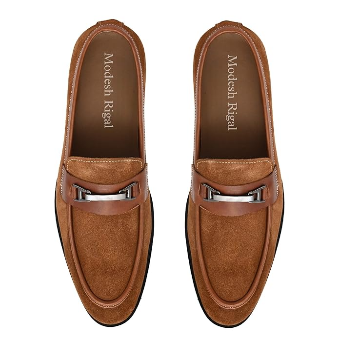 Men's Brown Suede Elevate Loafers Casual Look with Silver Buckle Detailing For Men