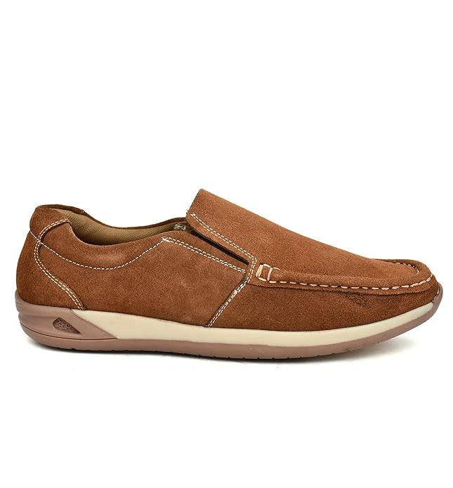 Men's Tan Suede Loafers with Contrast Stitching  Casual Slip-On Shoes For Men