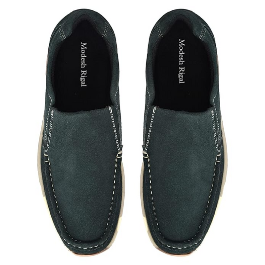 Men's Dark Grey Suede Loafers with Contrast Stitching Casual Slip-On Shoes For Men