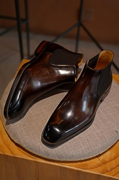 Men's Brown Leather Chelsea Boots | Handmade, Whole Cut, Slip-On, Dual Tone Patina Finish, Casual, Ankle-High, Luxury Shoes