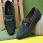 Men's Green Suede Loafers with Black Leather Strap and Metallic Buckle For Men