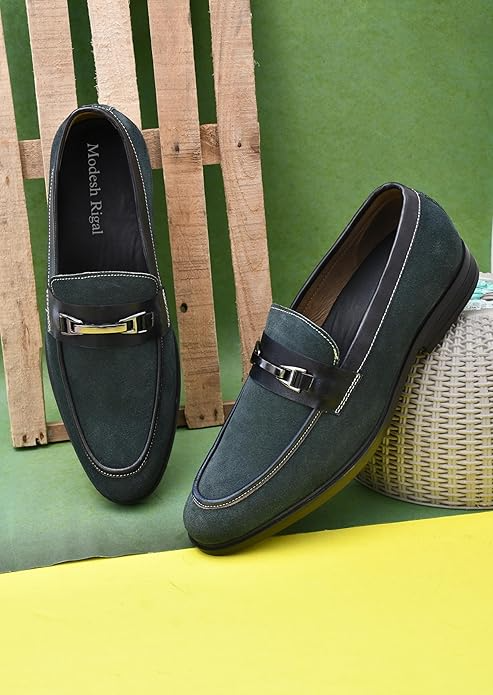 Men's Green Suede Loafers with Black Leather Strap and Metallic Buckle For Men