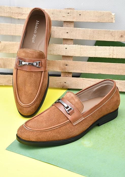 Men's Brown Suede Elevate Loafers Casual Look with Silver Buckle Detailing For Men