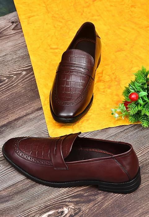 Men's Burgundy Leather Croc Slip-On Loafers Classic Design Unbeatable Comfort Shoes for Men