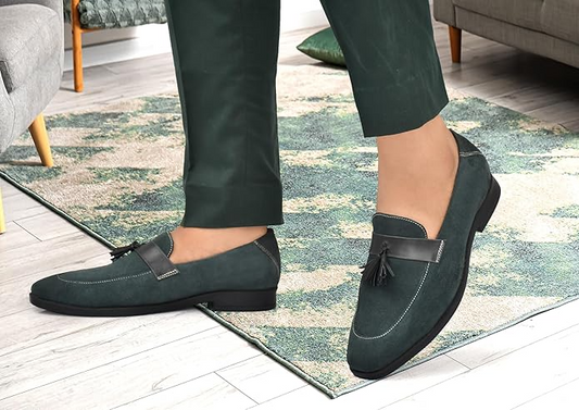 Men's Dark Green Suede Loafers with Leather Tassel Detailing Elegant Slip-Ons Mens Loafers