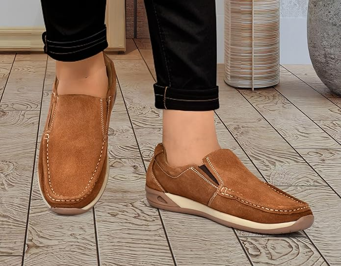 Men's Tan Suede Loafers with Contrast Stitching  Casual Slip-On Shoes For Men