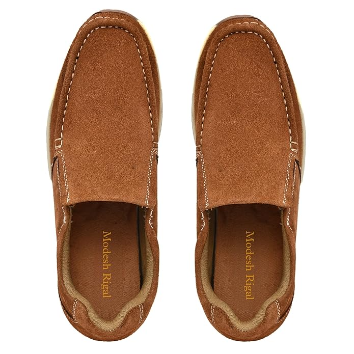 Men's Tan Suede Loafers with Contrast Stitching  Casual Slip-On Shoes For Men