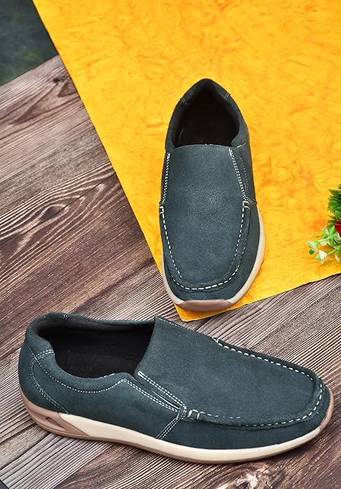 Men's Dark Grey Suede Loafers with Contrast Stitching Casual Slip-On Shoes For Men