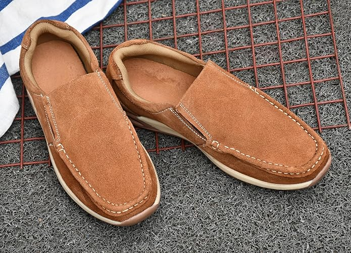 Men's Tan Suede Loafers with Contrast Stitching  Casual Slip-On Shoes For Men