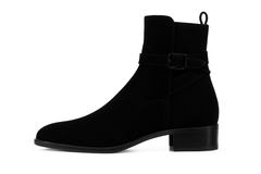 Men's Black Suede Ankle Boots with Tan Leather Strap – Modern Chelsea Style