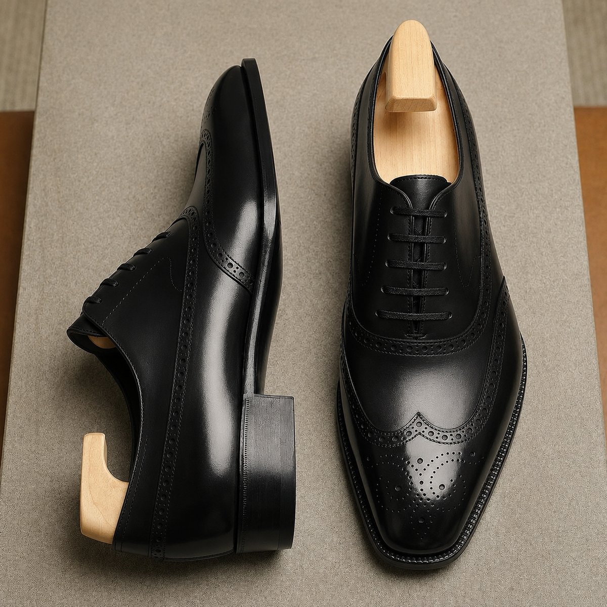 Black Leather Windsor Wingtip Oxfords – Formal Dress Shoes – Italian