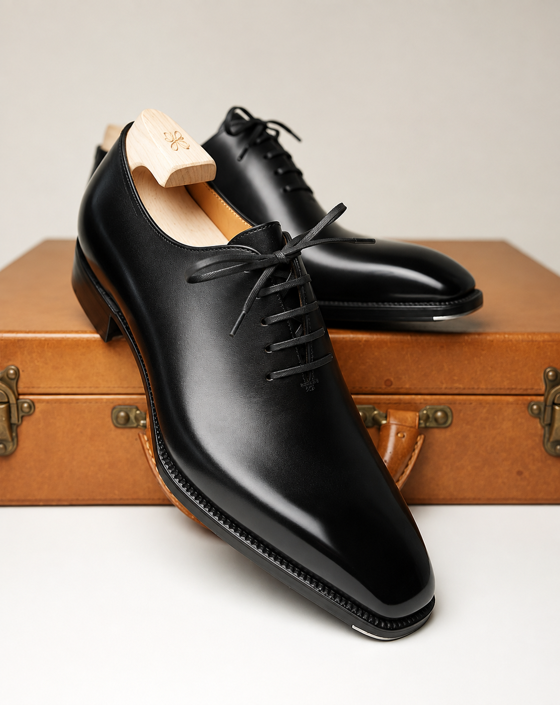 Signature Black Leather Wholecut Oxfords