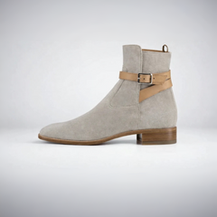 Men's Grey Suede Ankle Boots with Tan Leather Strap – Modern Chelsea Style