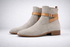 Men's Grey Suede Ankle Boots with Tan Leather Strap – Modern Chelsea Style