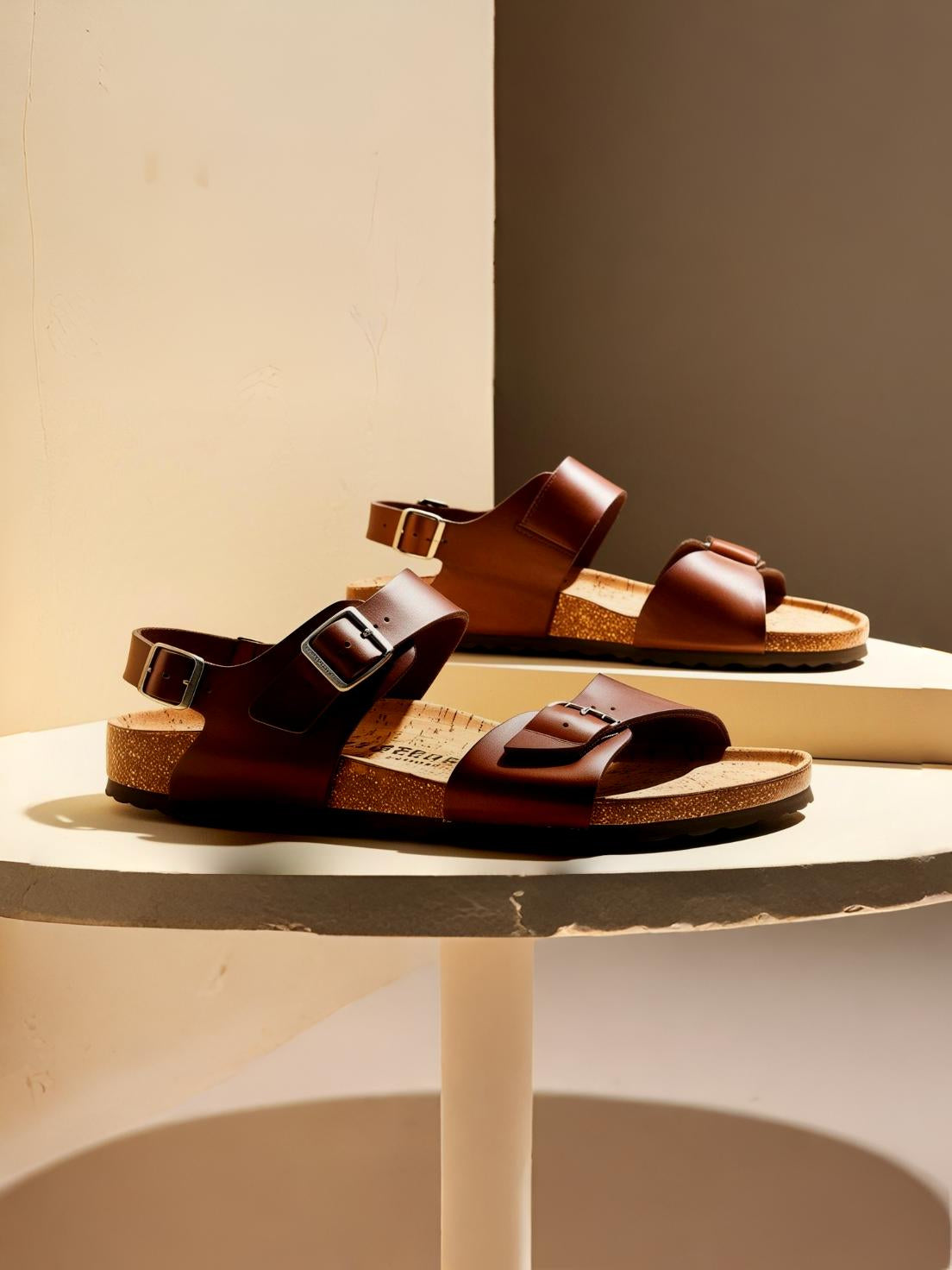 Brown Leather Cork Sandals for Men – Comfort & Style with Adjustable Buckles