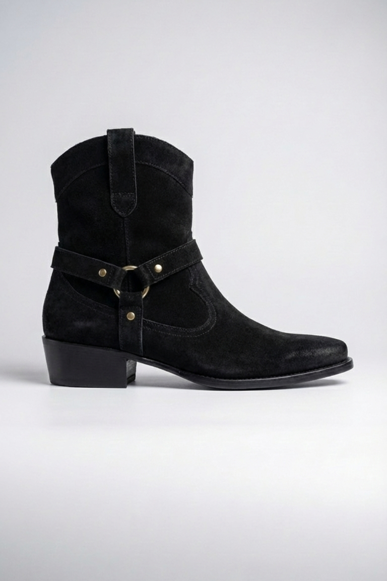 Men’s Premium Black Suede Leather Harness Zipper Boots – Handcrafted Luxury