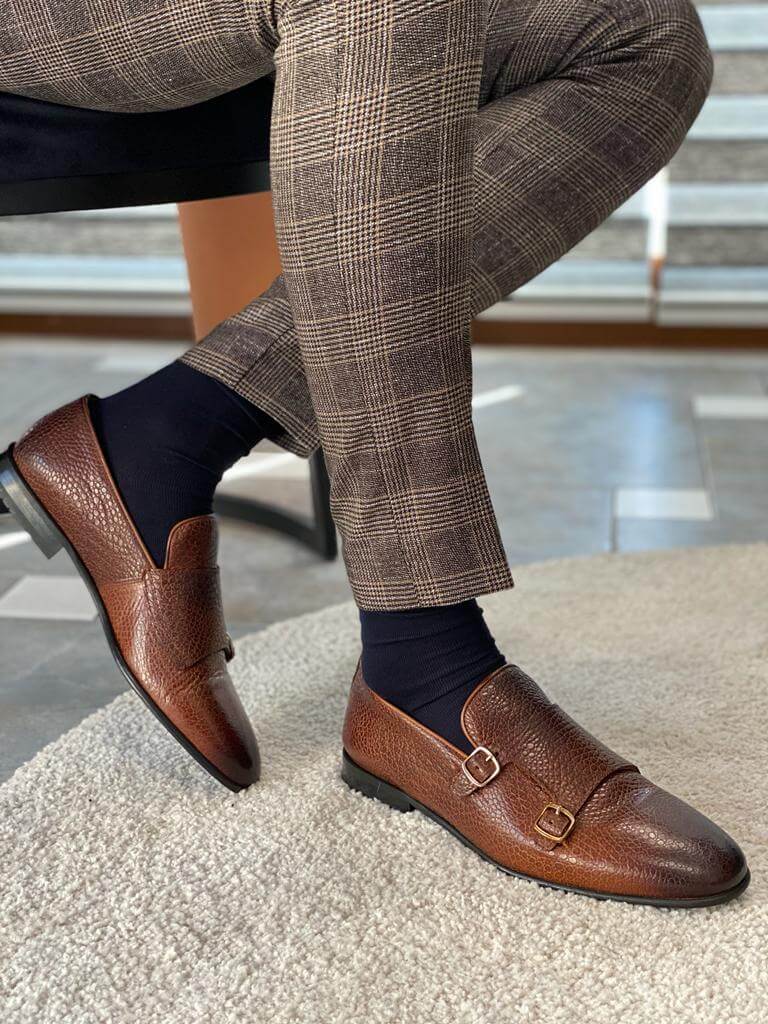 Brown Monk Strap Shoes: Double Buckle Style