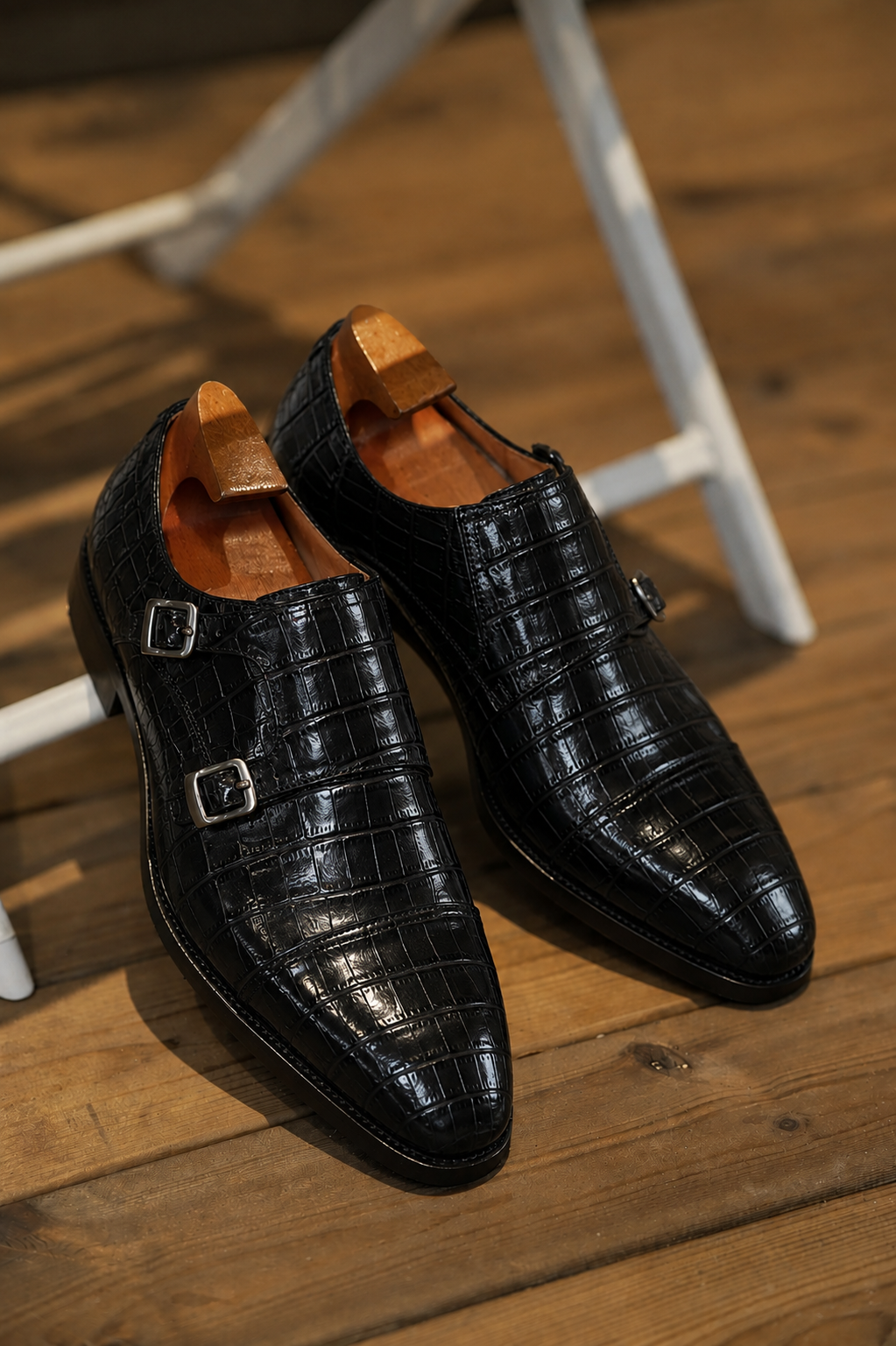 Classic Black Croc Print Monk Strap Footwear