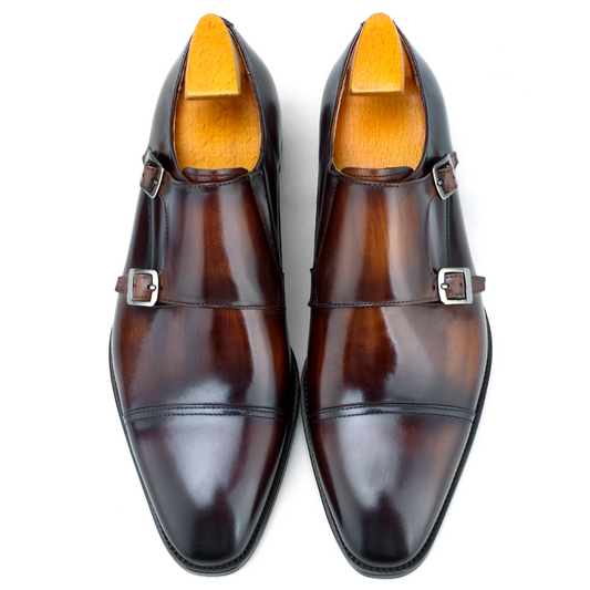 Elegant Brown Leather Double Monk Strap Dress Shoe with Cap Toe