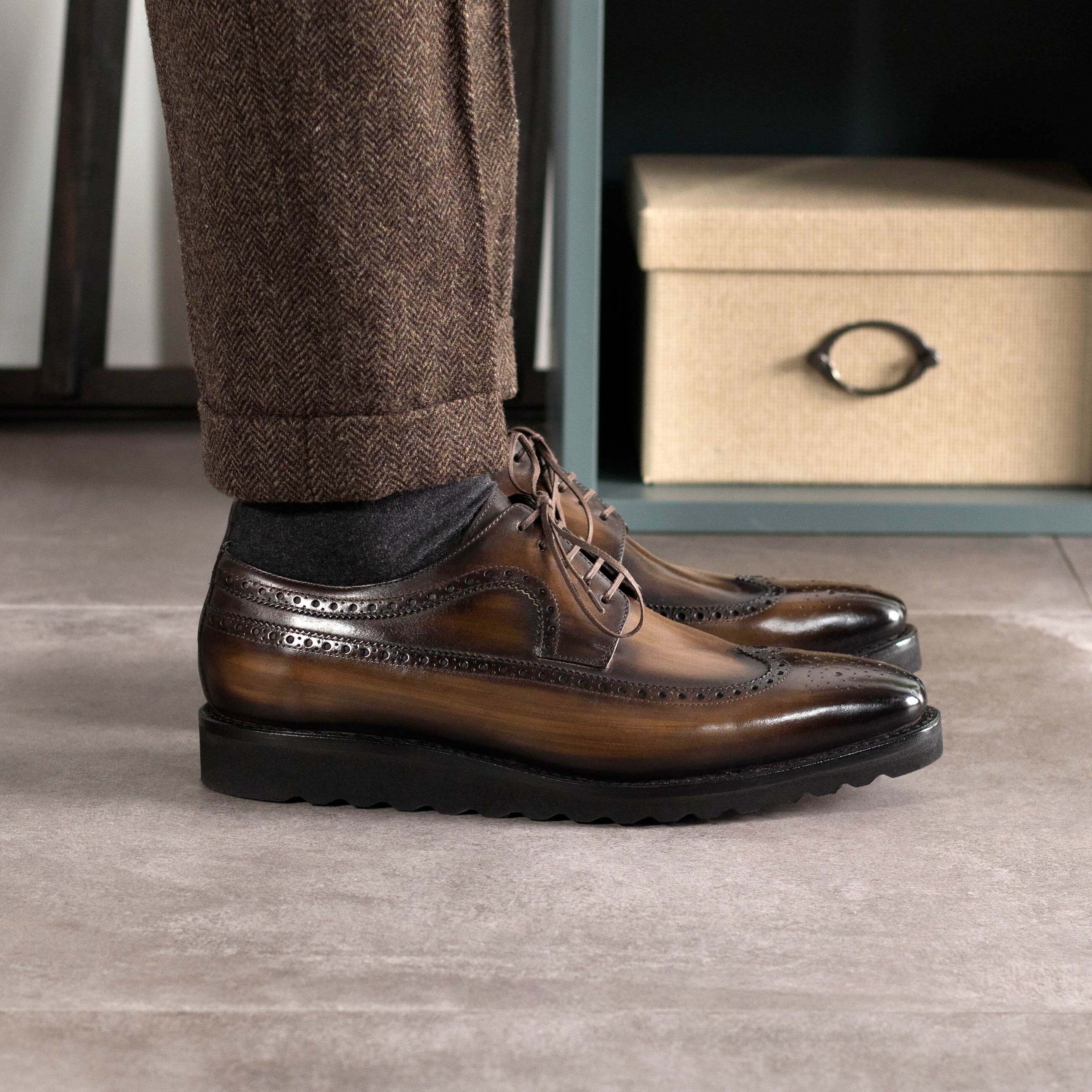 Brown Patina Longwing Derby Shoe