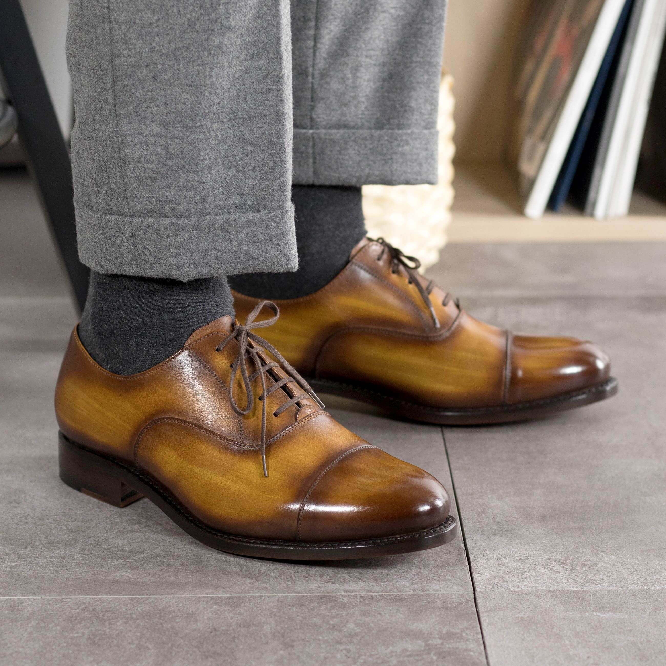 Cognac Patina Toe-Cap Oxford Shoes