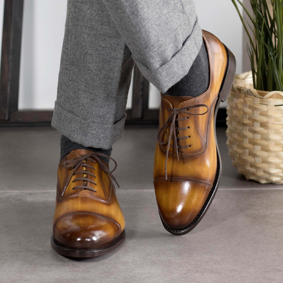 Cognac Patina Toe-Cap Oxford Shoes