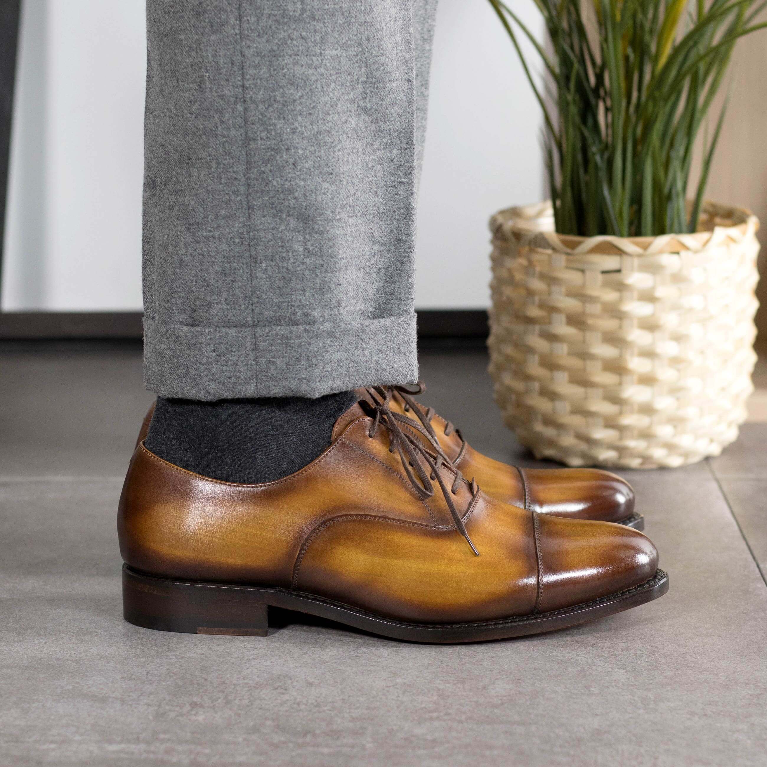 Cognac Patina Toe-Cap Oxford Shoes