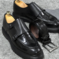 Black Croc-Embossed Leather Monk Strap Shoes with Rugged Sole