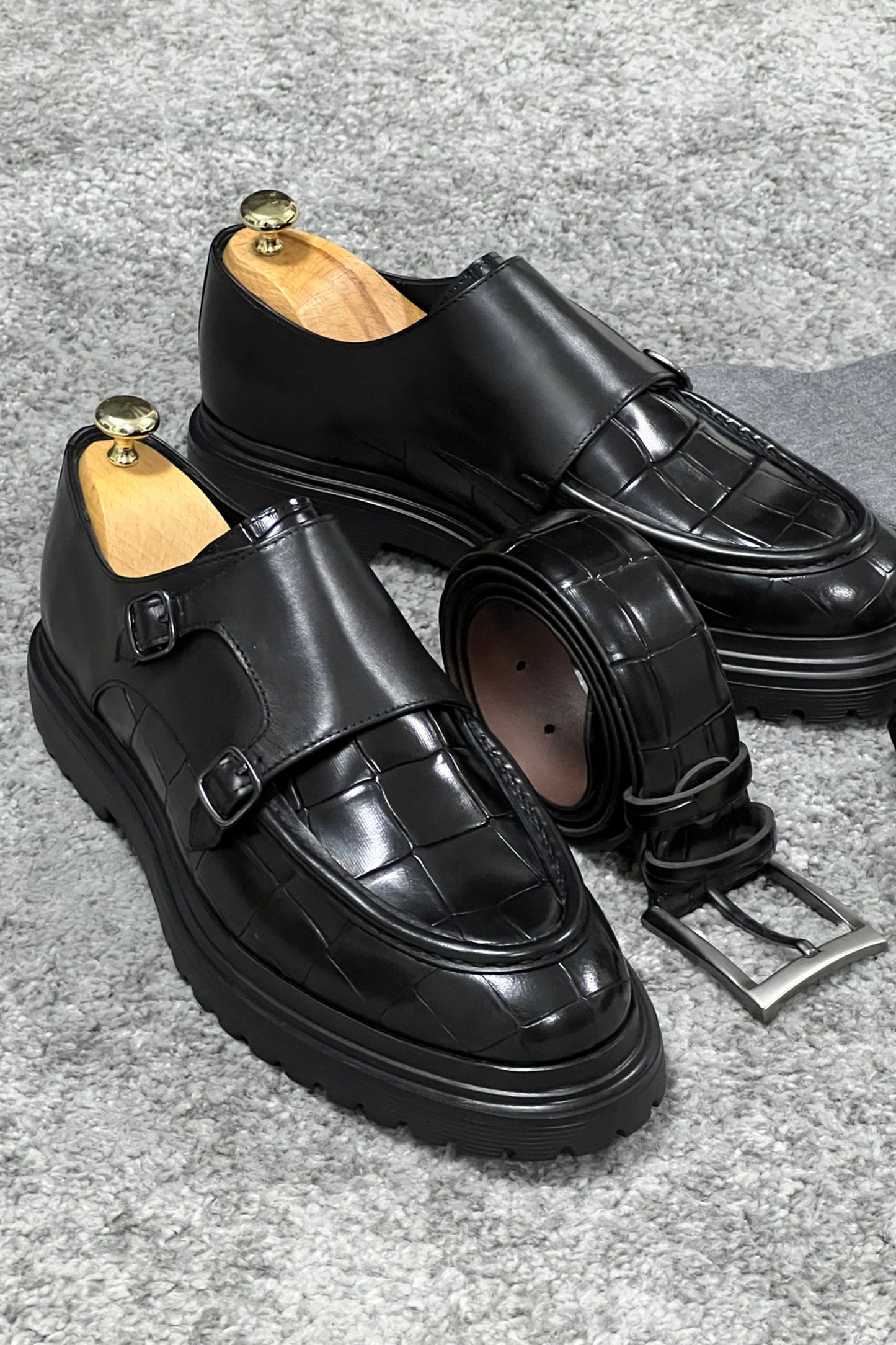 Black Croc-Embossed Leather Monk Strap Shoes with Rugged Sole