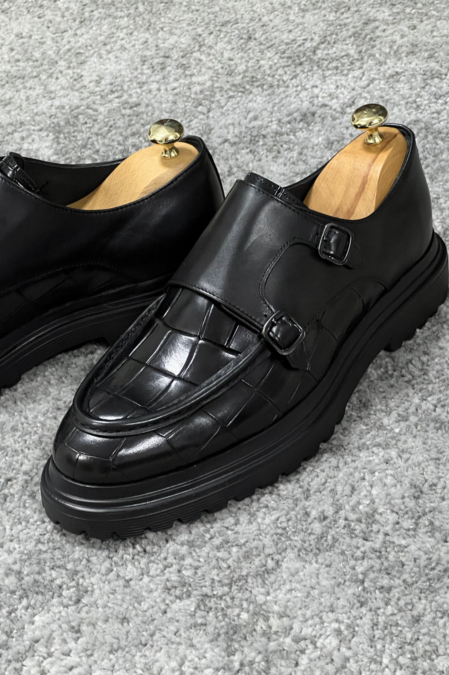 Black Croc-Embossed Leather Monk Strap Shoes with Rugged Sole