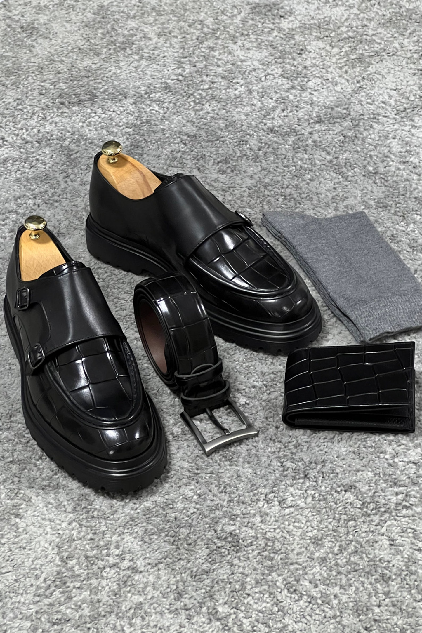 Black Croc-Embossed Leather Monk Strap Shoes with Rugged Sole