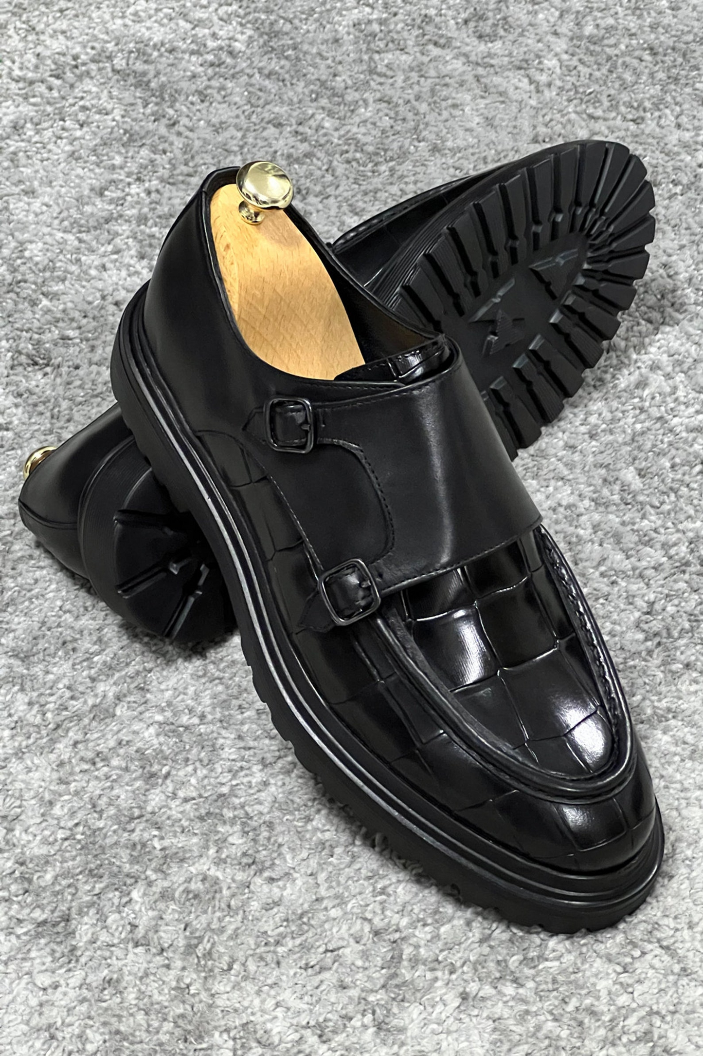 Black Croc-Embossed Leather Monk Strap Shoes with Rugged Sole