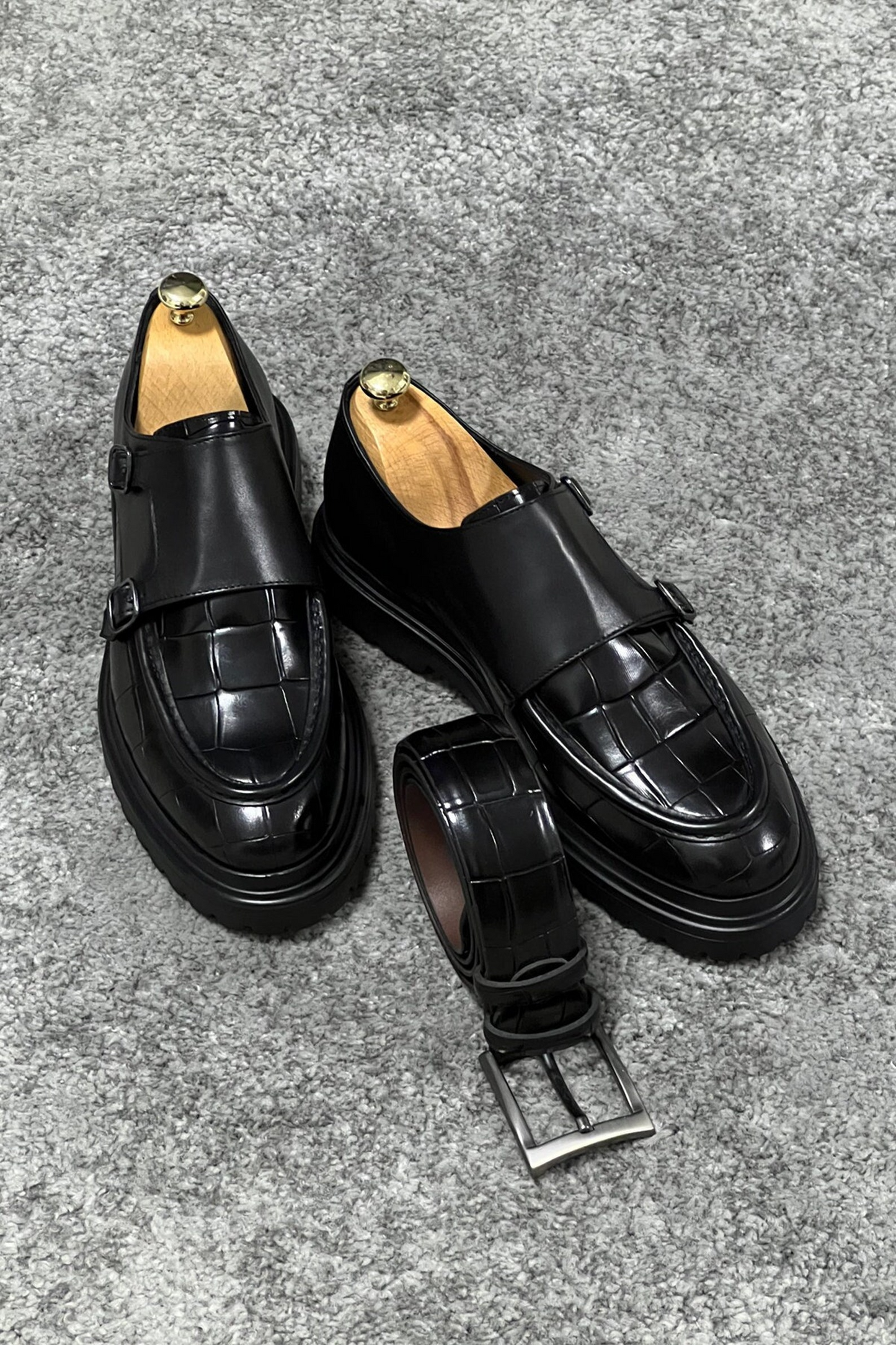 Black Croc-Embossed Leather Monk Strap Shoes with Rugged Sole