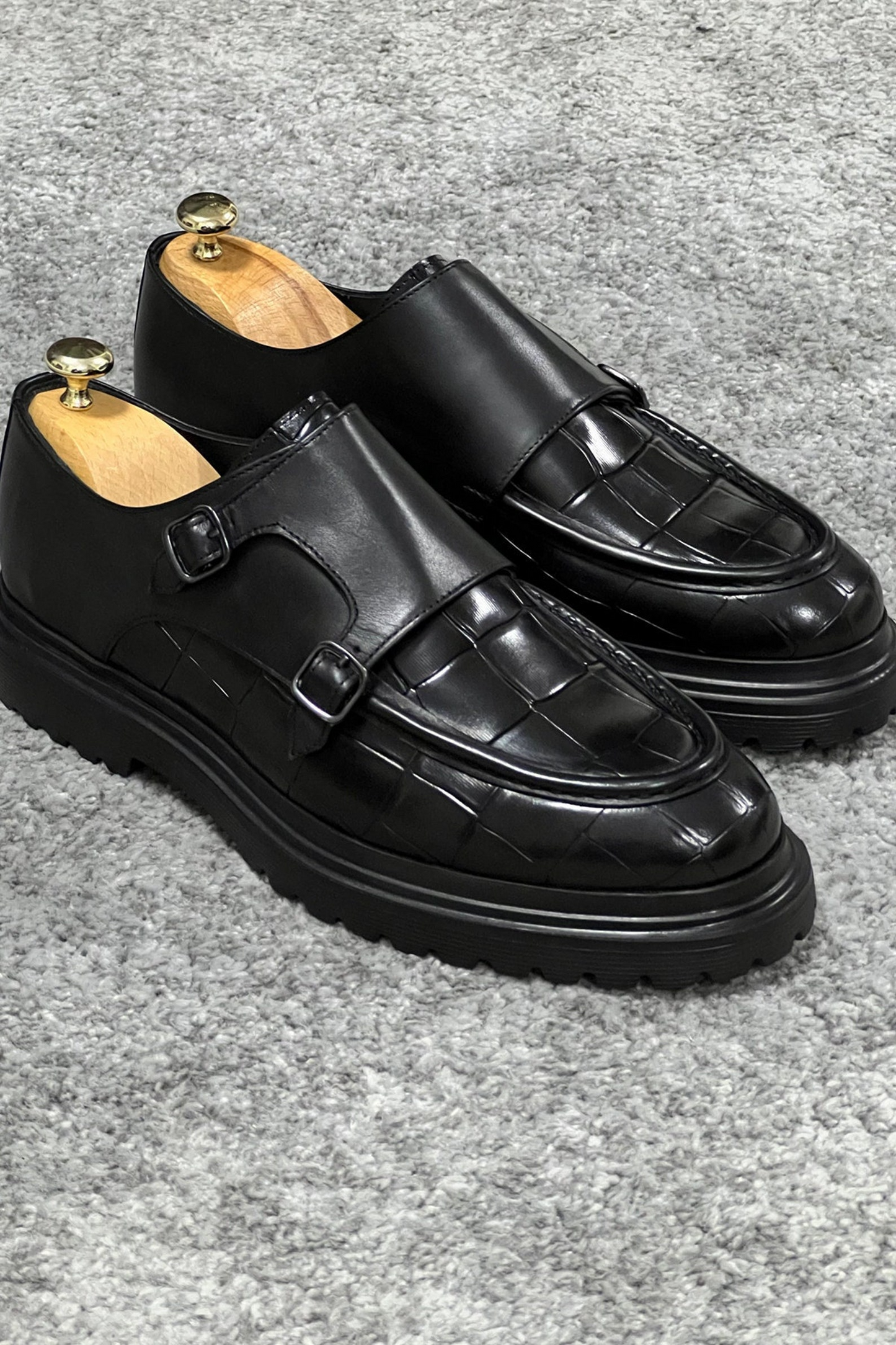 Black Croc-Embossed Leather Monk Strap Shoes with Rugged Sole