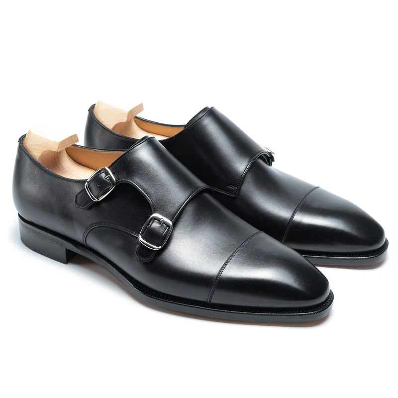 Black Leather Double Monk Strap Shoes for Men – Handmade Luxury Footwear