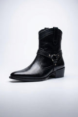 Men’s Premium Black Leather Harness Zipper Boots – Handcrafted Luxury