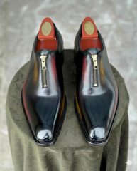 Stylish Black Leather Oxford Shoes with Front Zipper Design