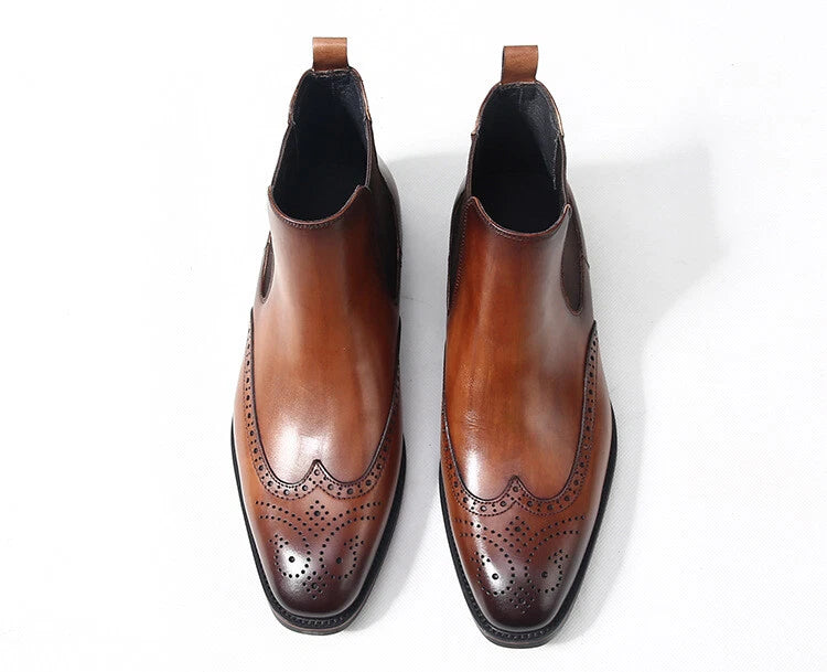 Handcrafted Brown Leather Chelsea Boots with Brogue Detailing