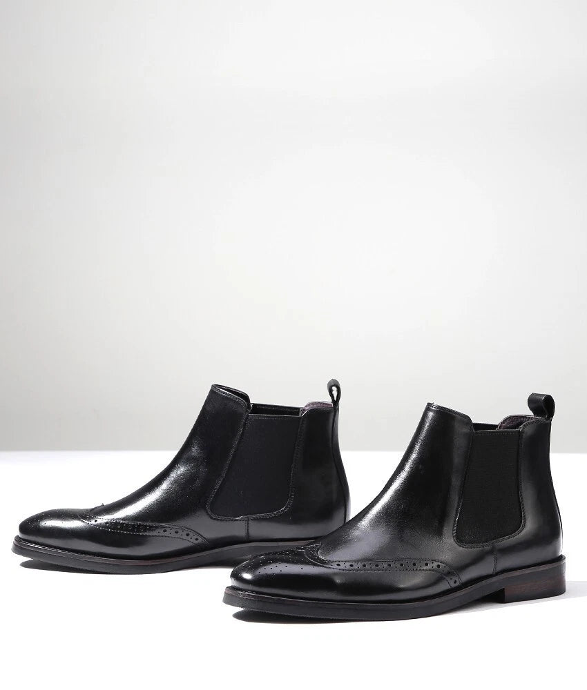 Handcrafted Black Leather Chelsea Boots with Brogue Detailing