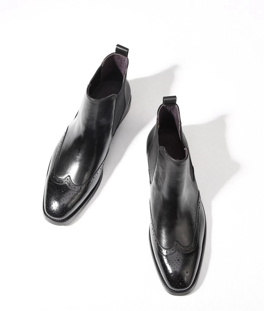 Handcrafted Black Leather Chelsea Boots with Brogue Detailing