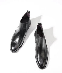 Handcrafted Black Leather Chelsea Boots with Brogue Detailing