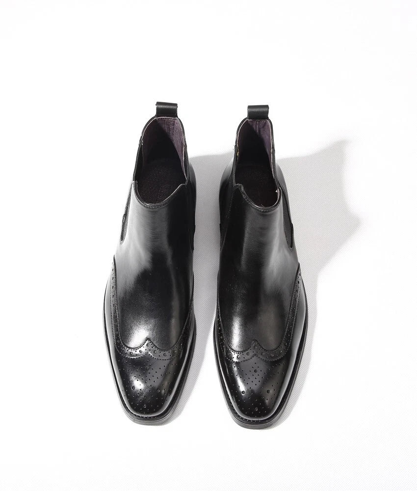 Handcrafted Black Leather Chelsea Boots with Brogue Detailing