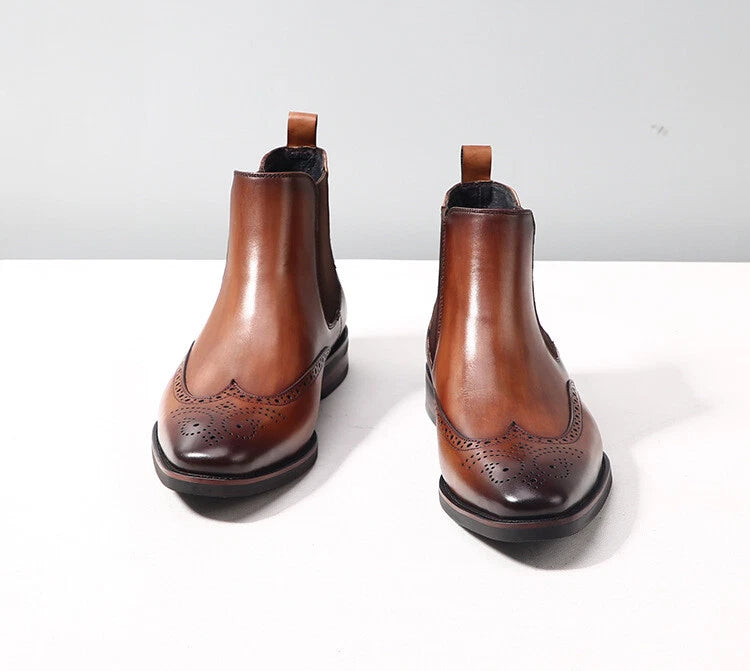 Handcrafted Brown Leather Chelsea Boots with Brogue Detailing