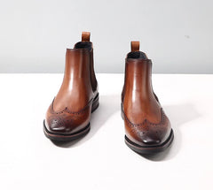 Handcrafted Brown Leather Chelsea Boots with Brogue Detailing