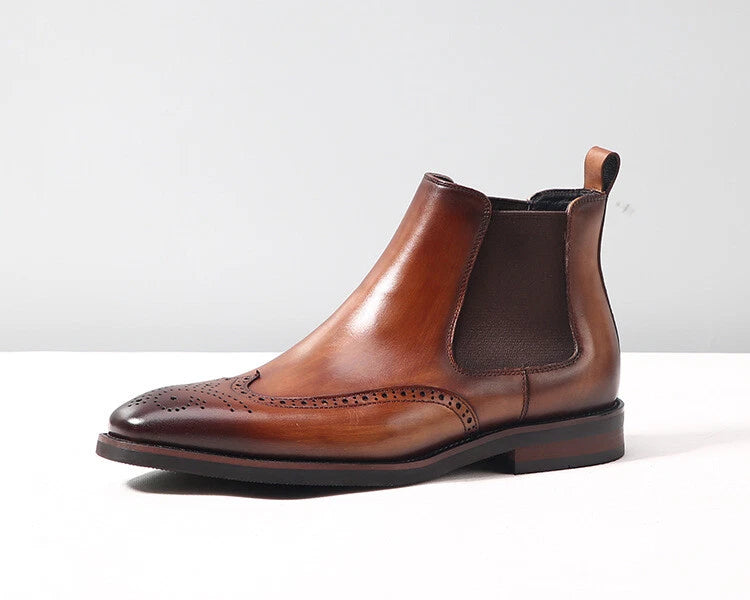 Handcrafted Brown Leather Chelsea Boots with Brogue Detailing