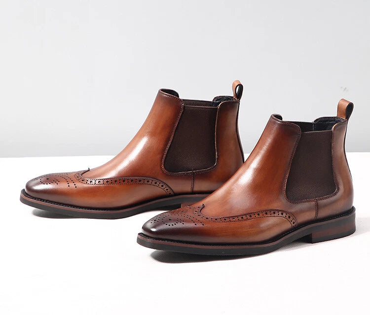 Handcrafted Brown Leather Chelsea Boots with Brogue Detailing
